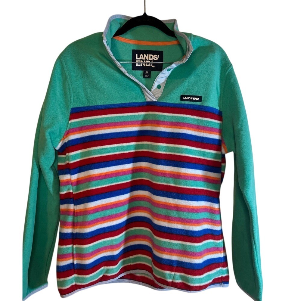 Lands‎ End M Teal Green Multi-Color Striped Snap Neck Fleece Pullover Sweater